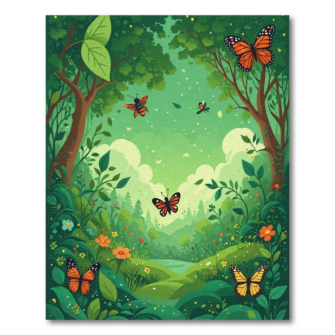 Vibrant Orange Butterfly Forest Scene Rug