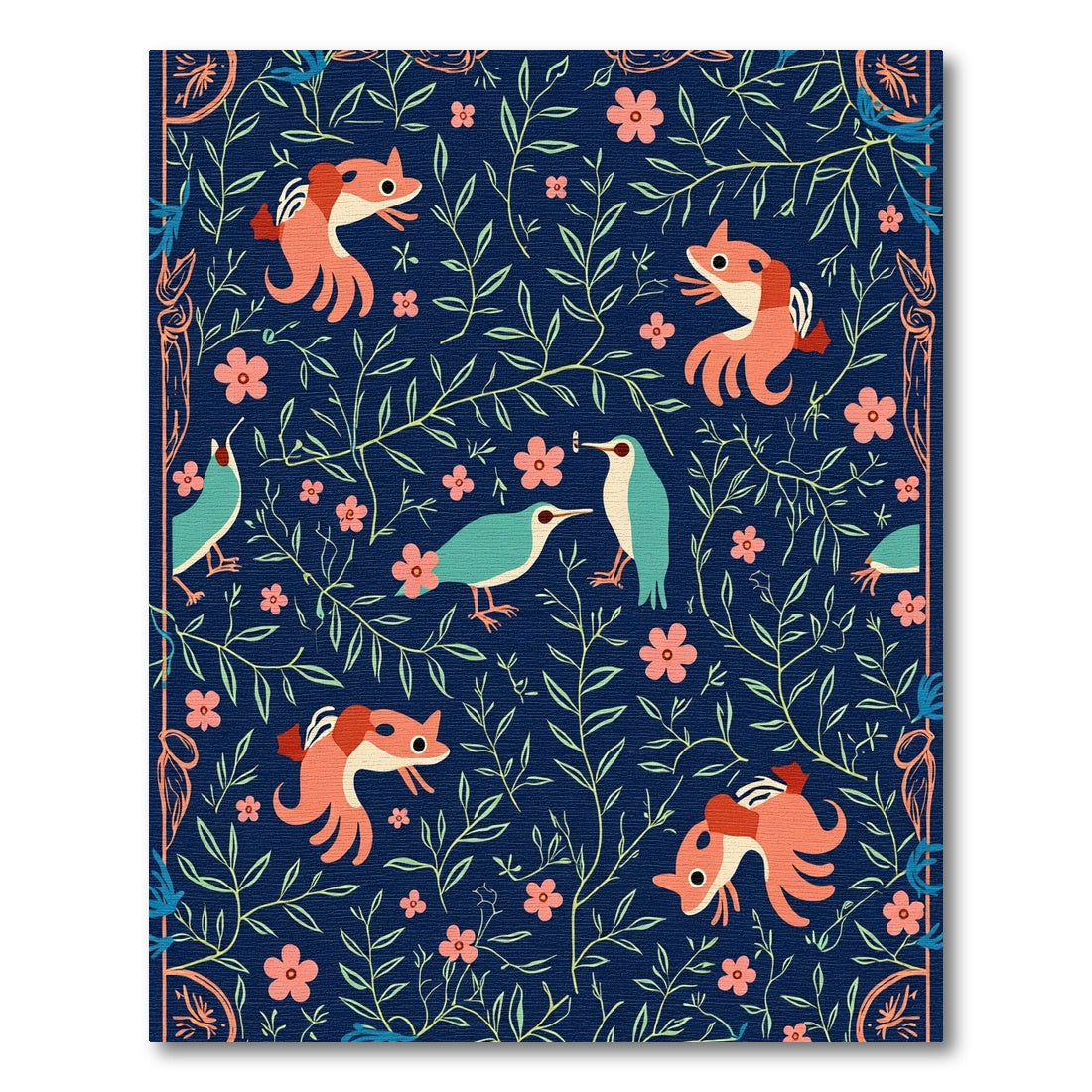 Whimsical Birds and Foxes Floral Garden Rug