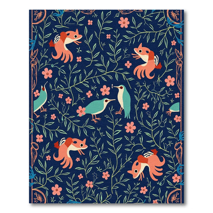 Whimsical Birds and Foxes Floral Garden Rug