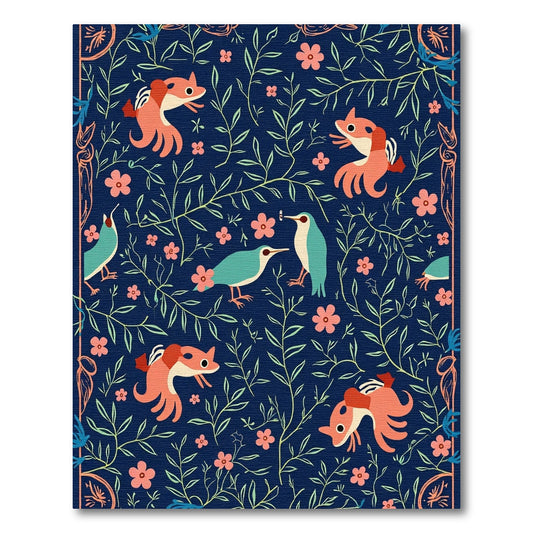 Whimsical Birds and Foxes Floral Garden Rug