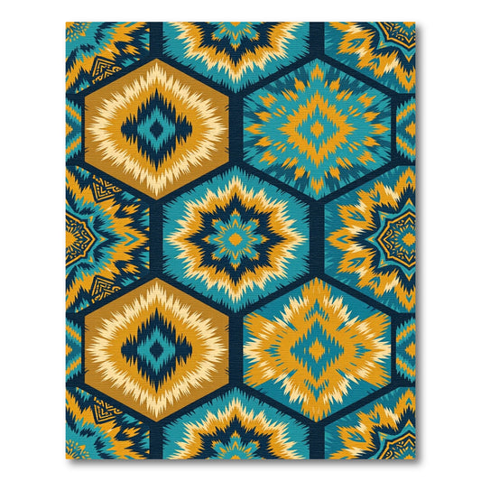 Geometric Hexagon Teal Ochre Burst Rug