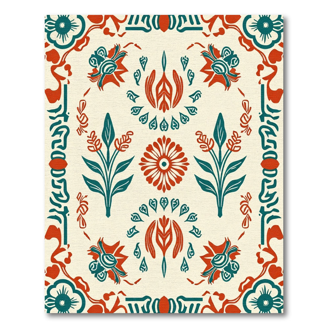 Retro Teal Red Floral Medallion Rug
