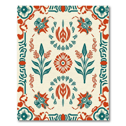 Retro Teal Red Floral Medallion Rug