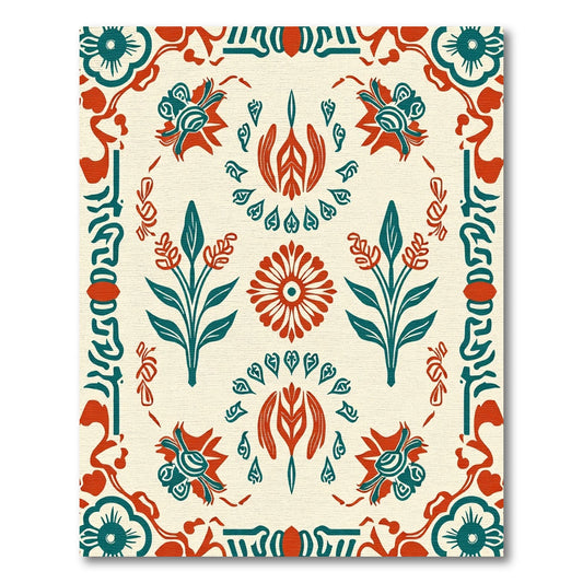 Retro Teal Red Floral Medallion Rug