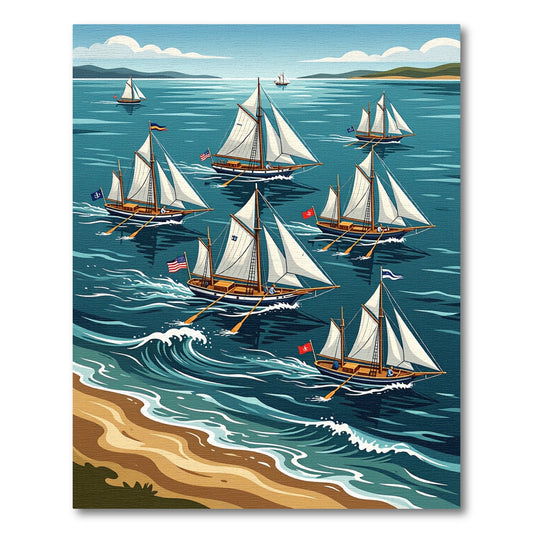 Nautical Sailboat Fleet Coastal Scene Rug