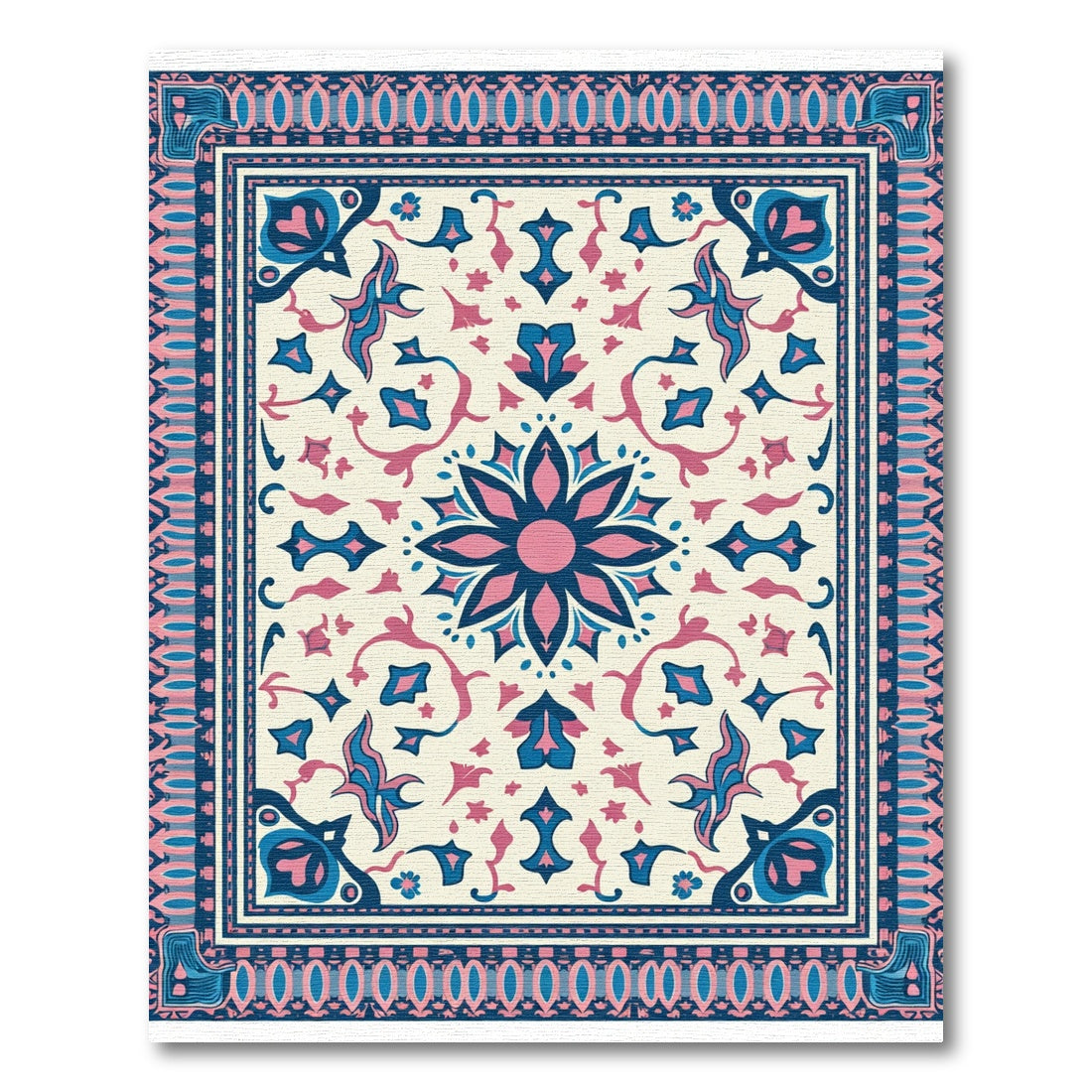 Ornate Blue Pink Floral Mandala Rug
