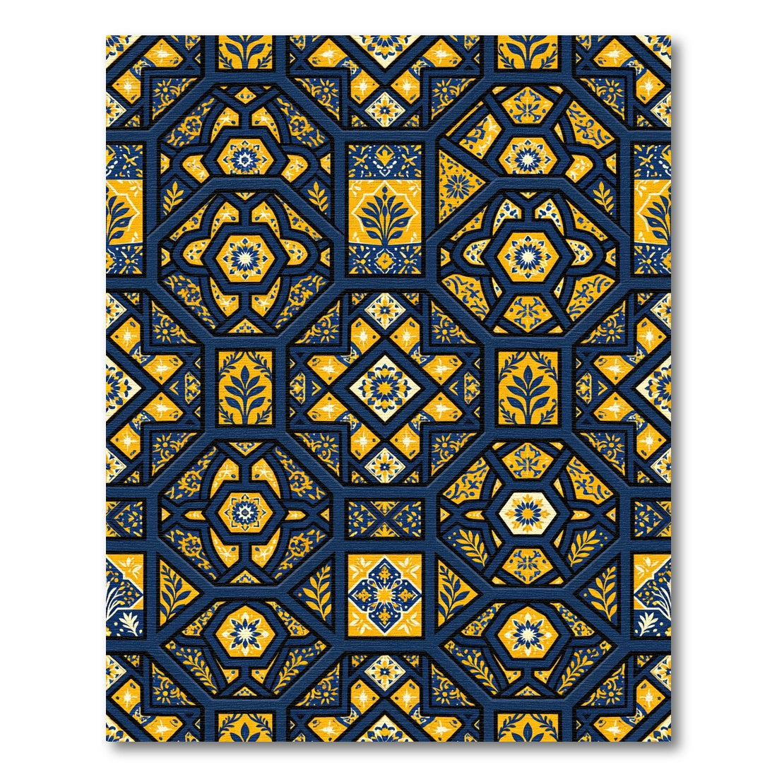 Cobalt and Gold Floral Geometric Tile Rug