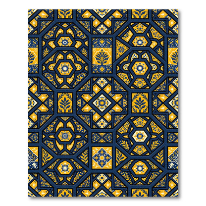 Cobalt and Gold Floral Geometric Tile Rug