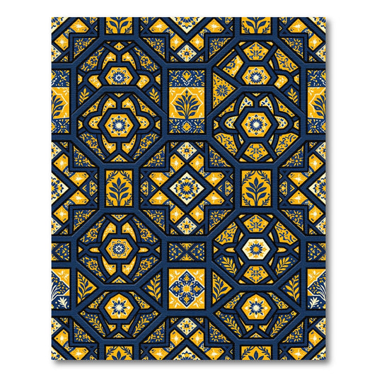 Cobalt and Gold Floral Geometric Tile Rug