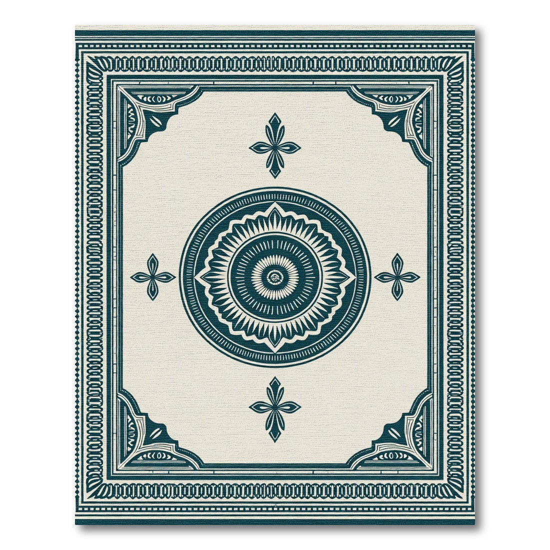 Deep Teal Ivory Medallion Border Rug