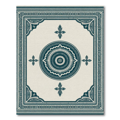 Deep Teal Ivory Medallion Border Rug