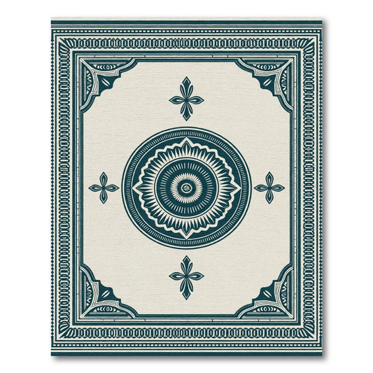 Deep Teal Ivory Medallion Border Rug