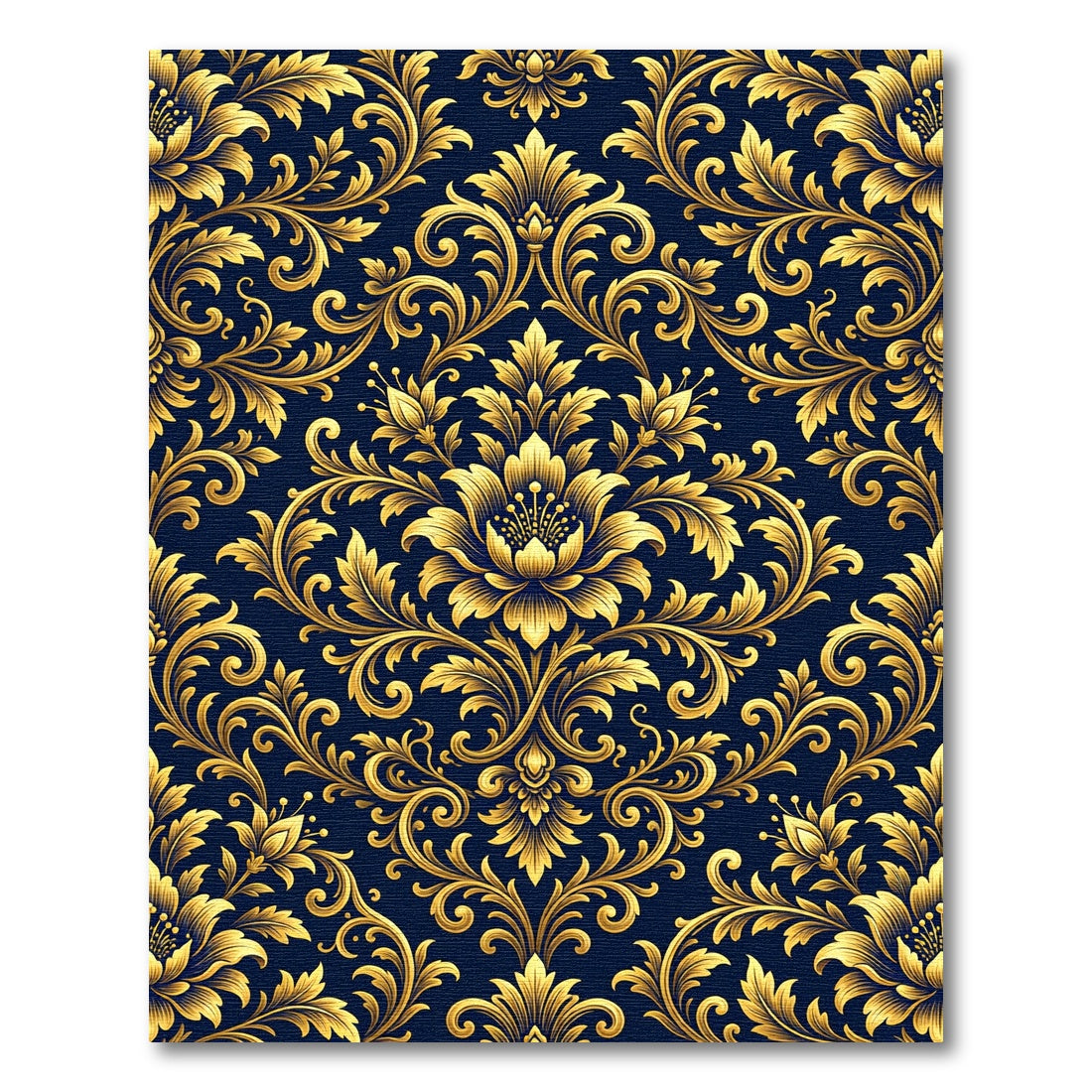 Golden Baroque Damask Navy Floral Rug