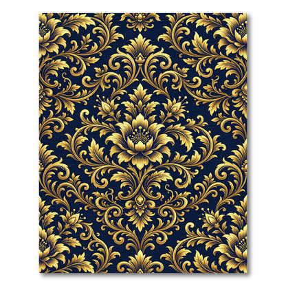 Golden Baroque Damask Navy Floral Rug