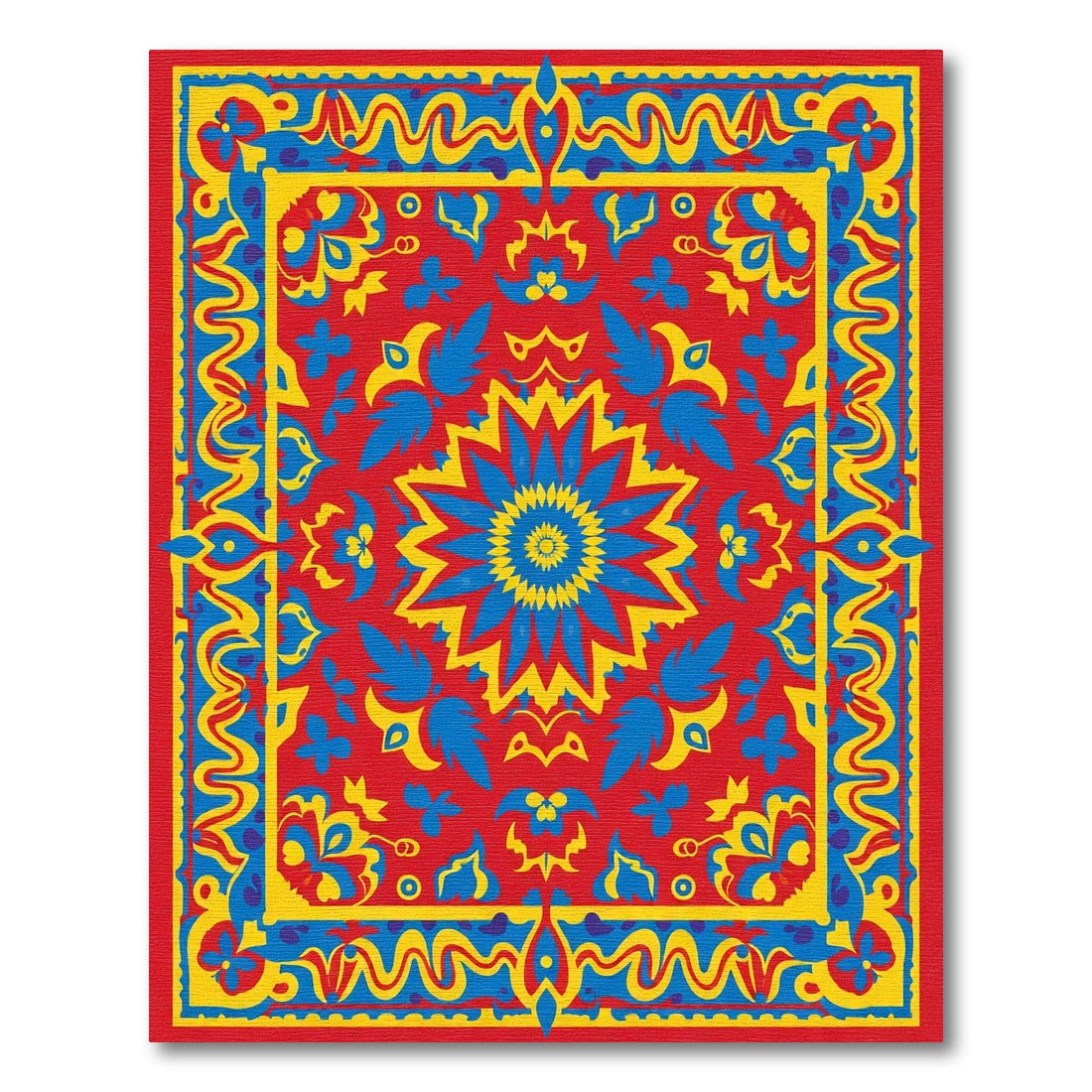 Vibrant Red Blue Yellow Medallion Border Rug