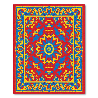 Vibrant Red Blue Yellow Medallion Border Rug