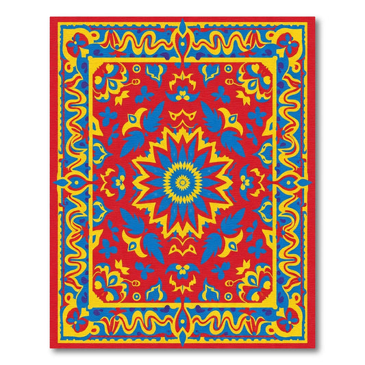 Vibrant Red Blue Yellow Medallion Border Rug