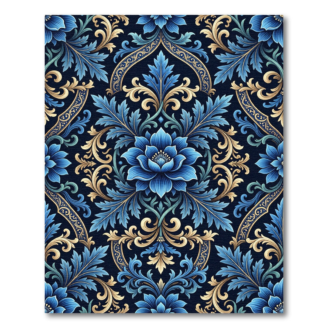 Deep Blue Golden Baroque Floral Rug