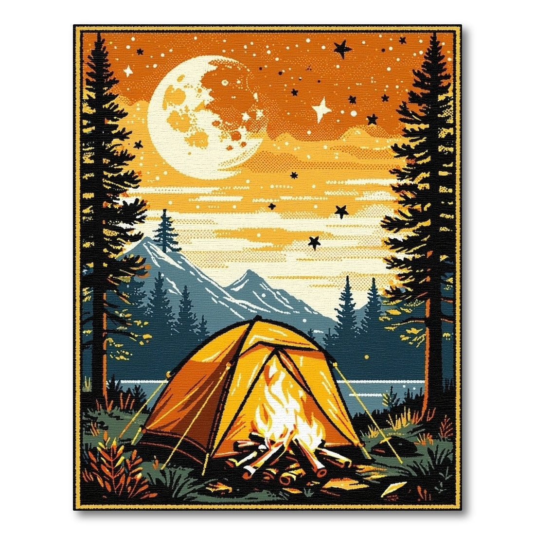 Retro Moonlit Campfire Tent Forest Rug