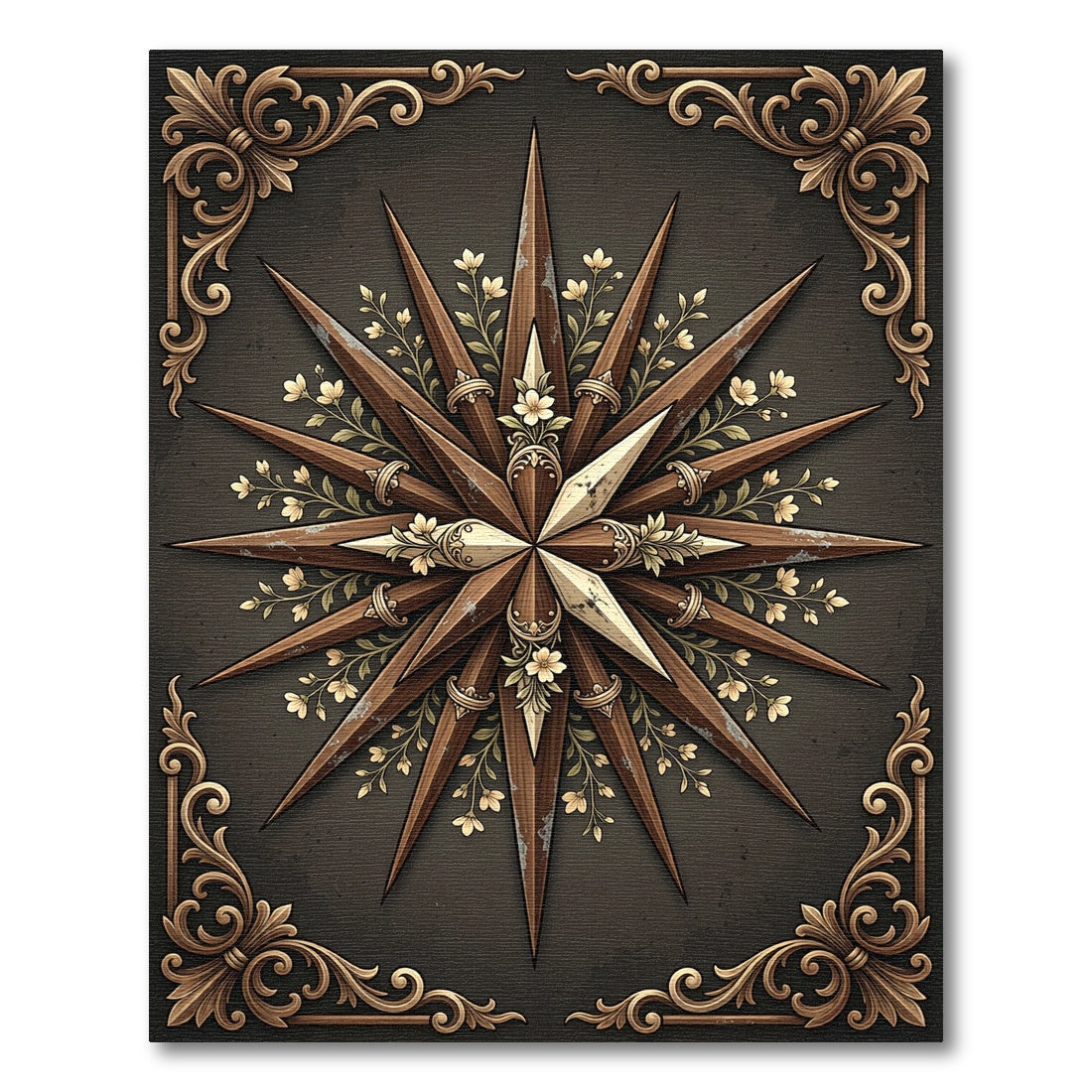 Ornate Bronze Floral Star Compass Rug