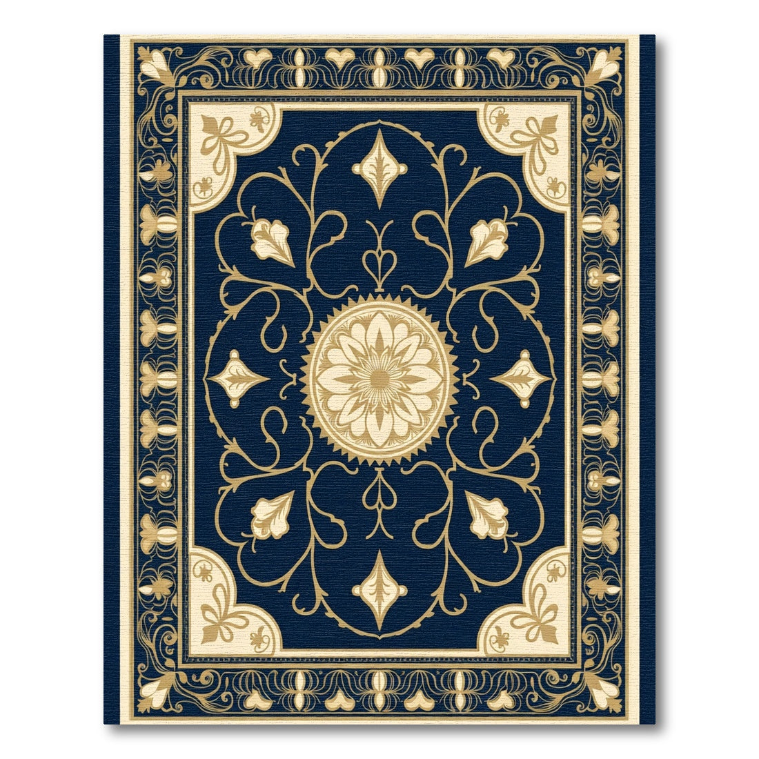 Dark Blue Golden Floral Medallion Rug