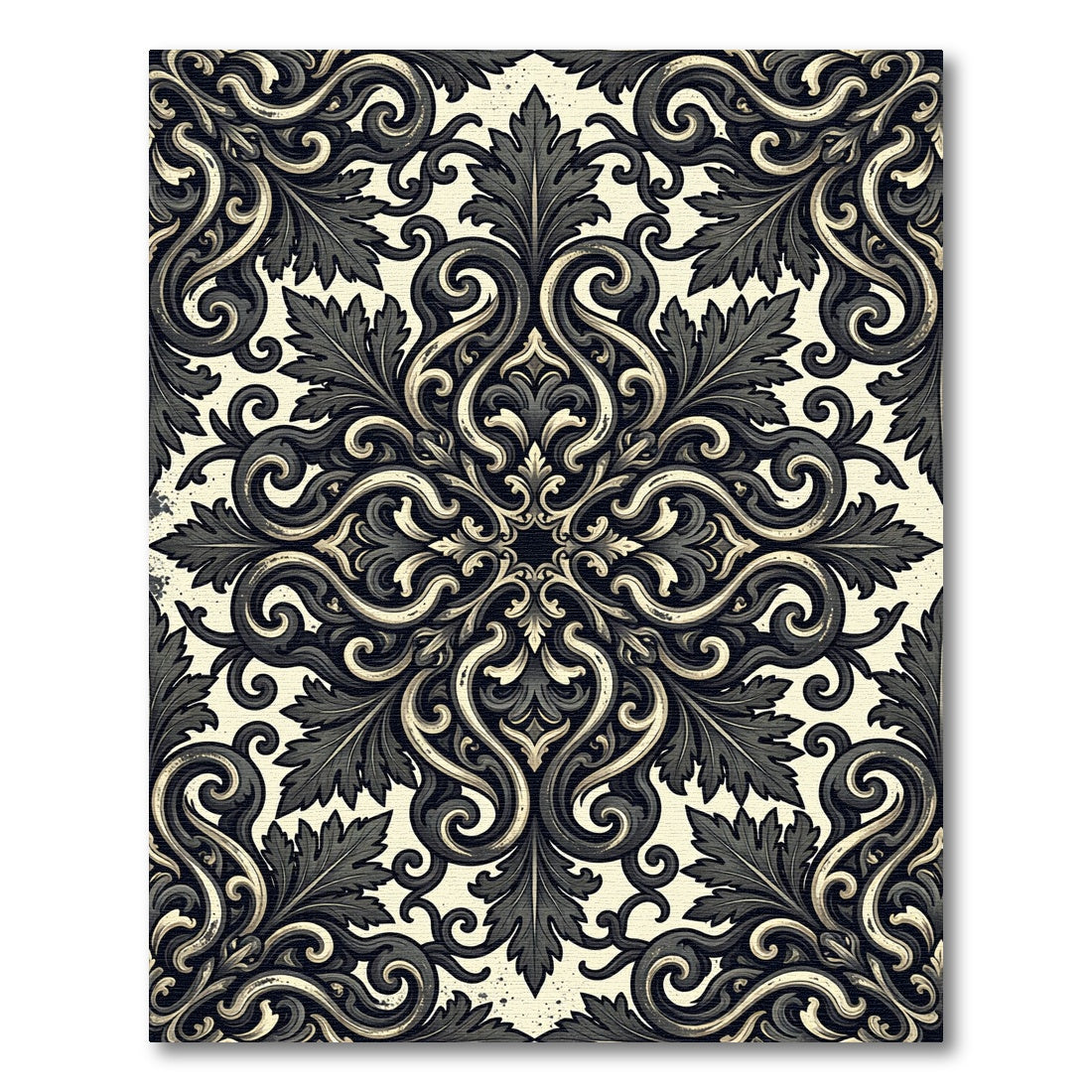 Ornate Black Ivory Acanthus Scroll Rug