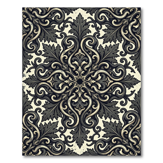 Ornate Black Ivory Acanthus Scroll Rug