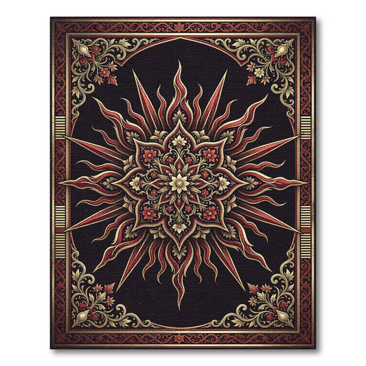Crimson Gold Radiant Celestial Star Rug