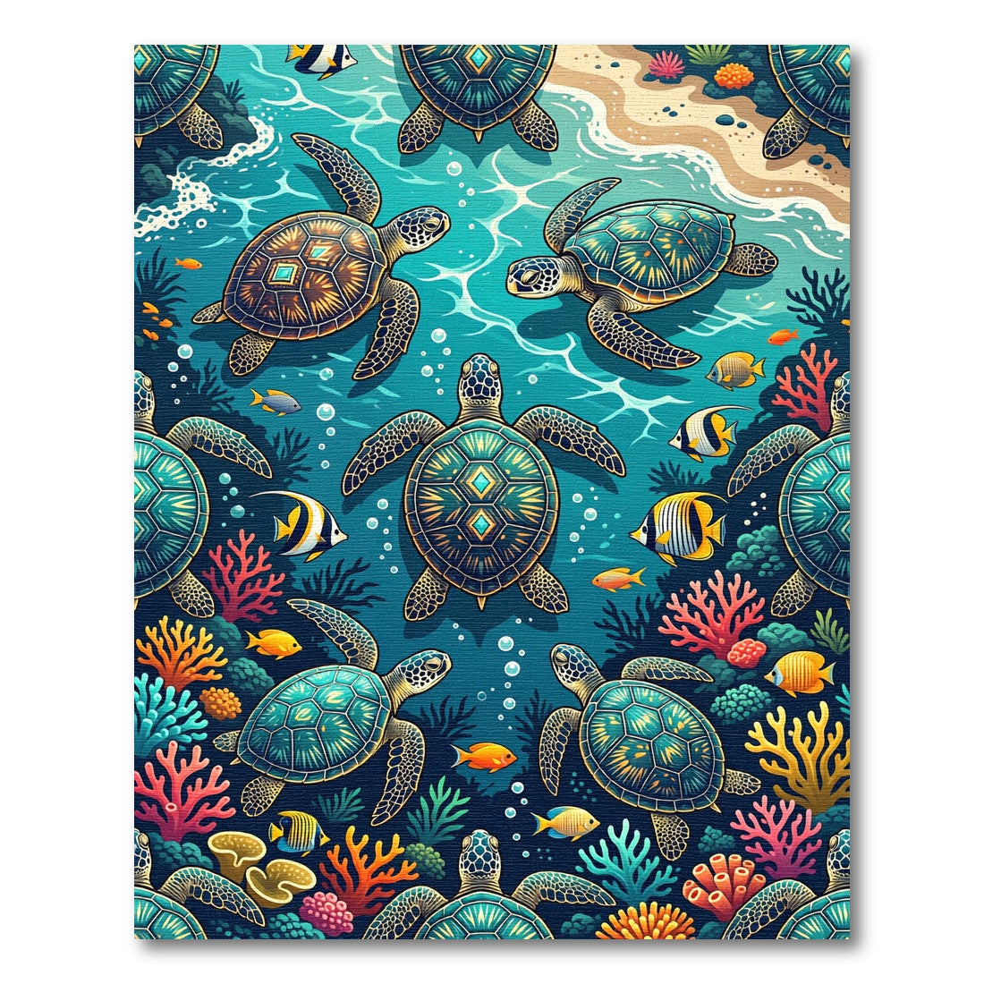 Vibrant Teal Sea Turtle Coral Reef Rug