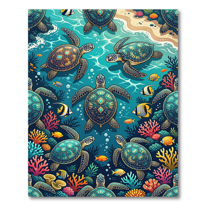 Vibrant Teal Sea Turtle Coral Reef Rug