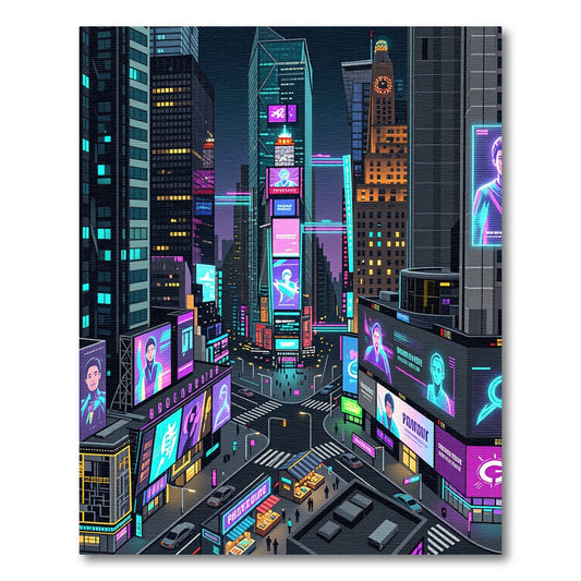 Futuristic Neon Cyber City Grid Skyline Rug