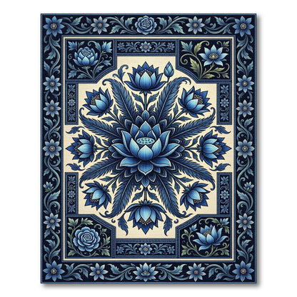 Deep Blue Floral Lotus Garden Rug