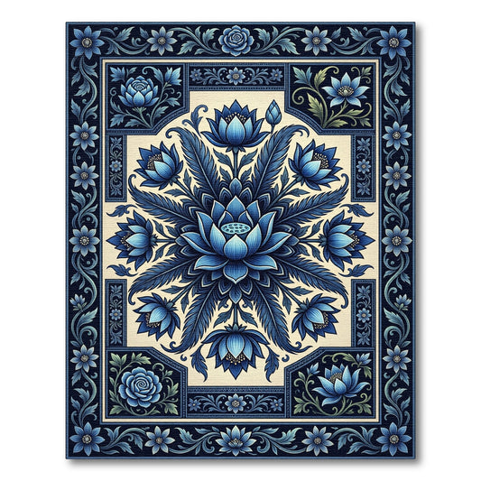 Deep Blue Floral Lotus Garden Rug