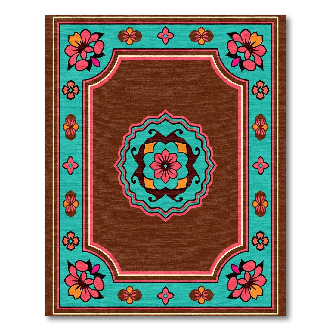 Vibrant Brown Floral Medallion Border Rug