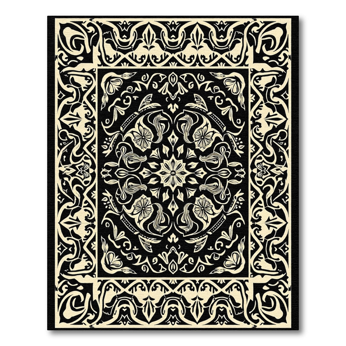 Black Cream Floral Scroll Border Rug
