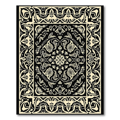 Black Cream Floral Scroll Border Rug