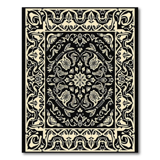 Black Cream Floral Scroll Border Rug