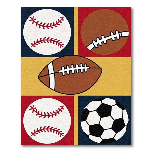 Playful Baseball Football Soccer Grid Rug
