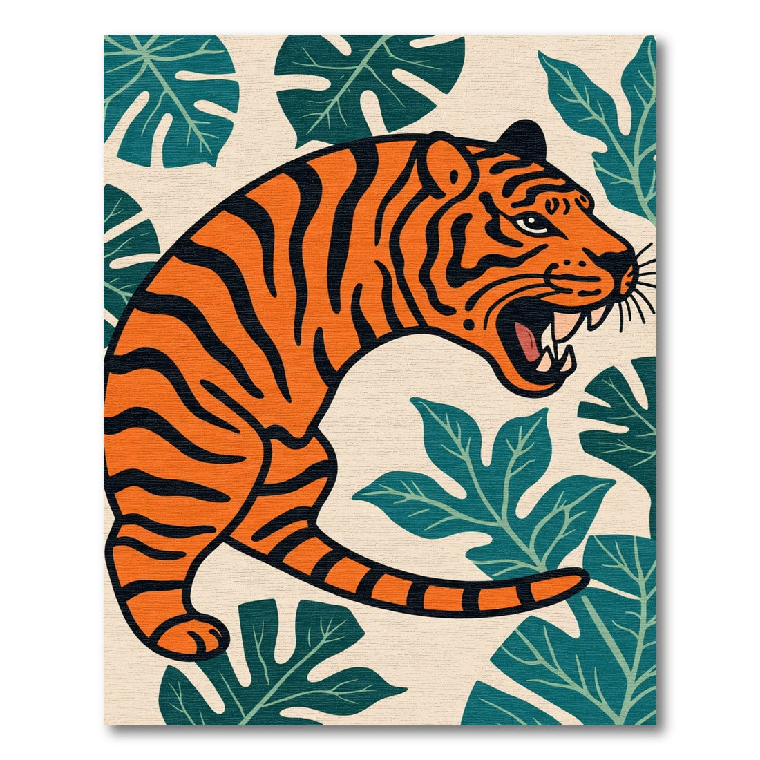 Bold Orange Tiger Tropical Leaves Rug