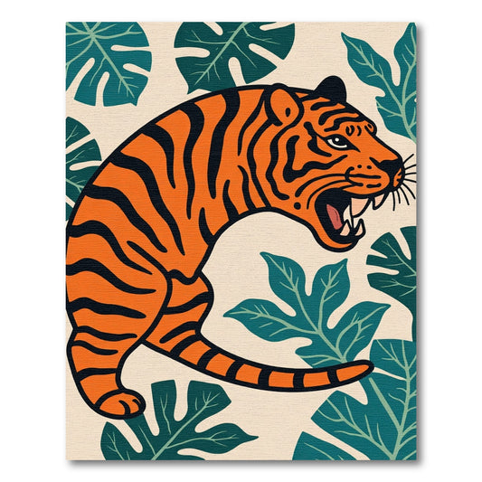 Bold Orange Tiger Tropical Leaves Rug