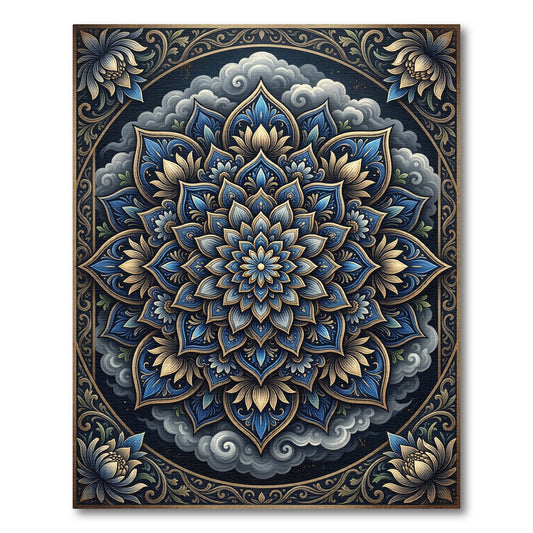 Midnight Blue Floral Mandala Cloud Medallion Rug