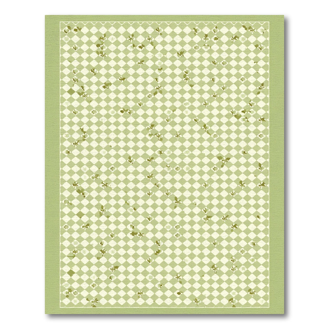 Soft Green Checkerboard Floral Sprig Rug