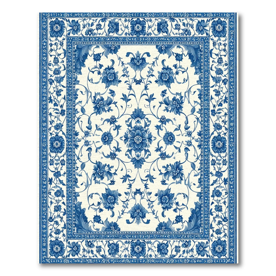 Blue White Floral Scrollwork Damask Rug