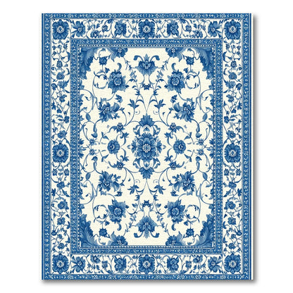 Blue White Floral Scrollwork Damask Rug