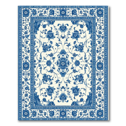 Blue White Floral Scrollwork Damask Rug