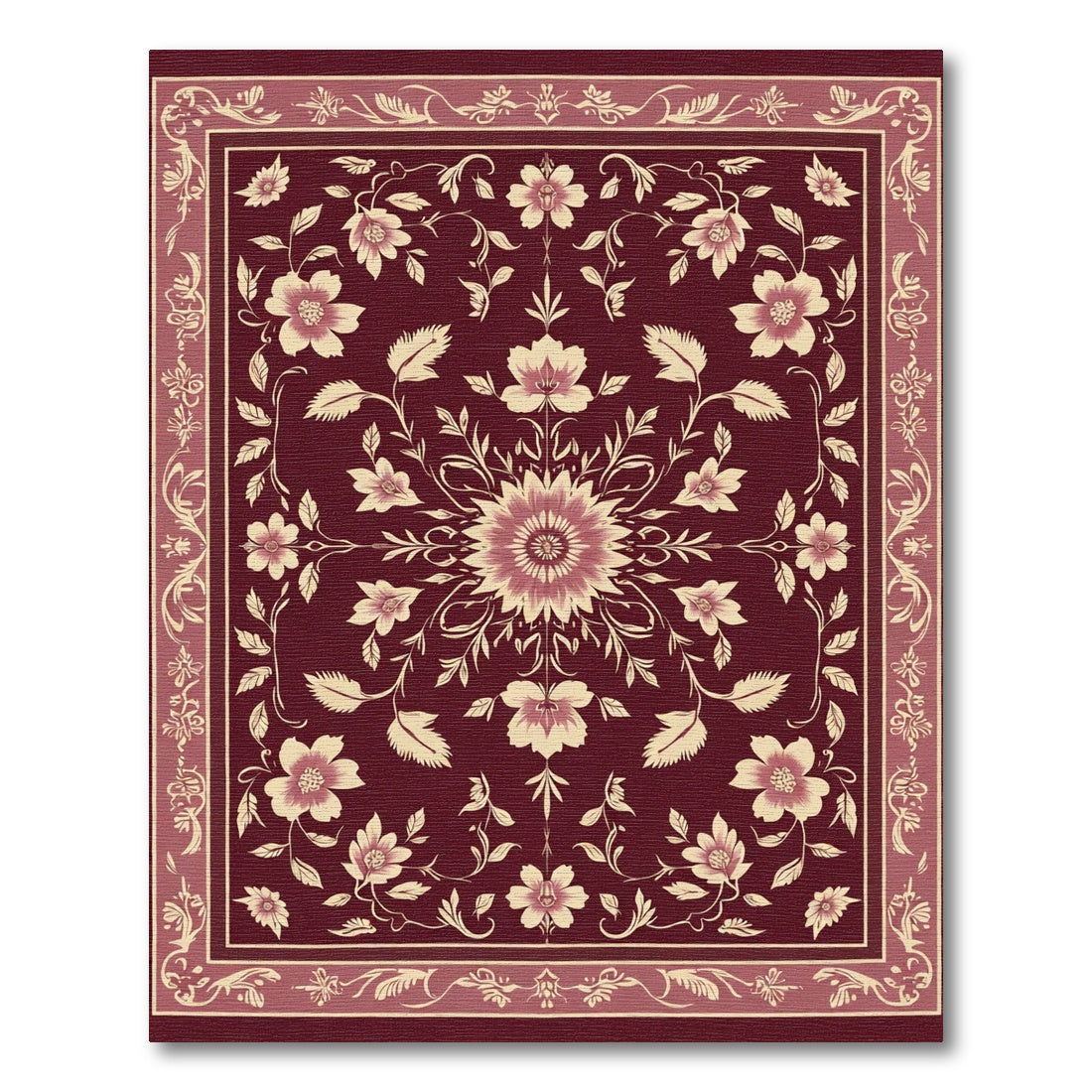 Rich Burgundy Floral Medallion Border Rug