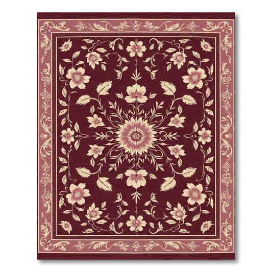 Rich Burgundy Floral Medallion Border Rug