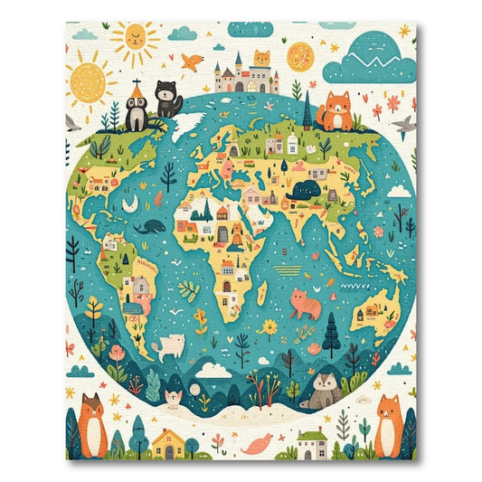 Whimsical Cats World Map Globe Rug
