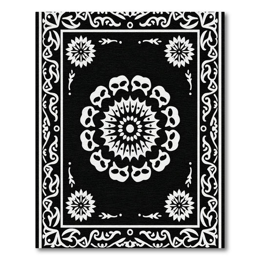 Black White Skulls Medallion Border Rug