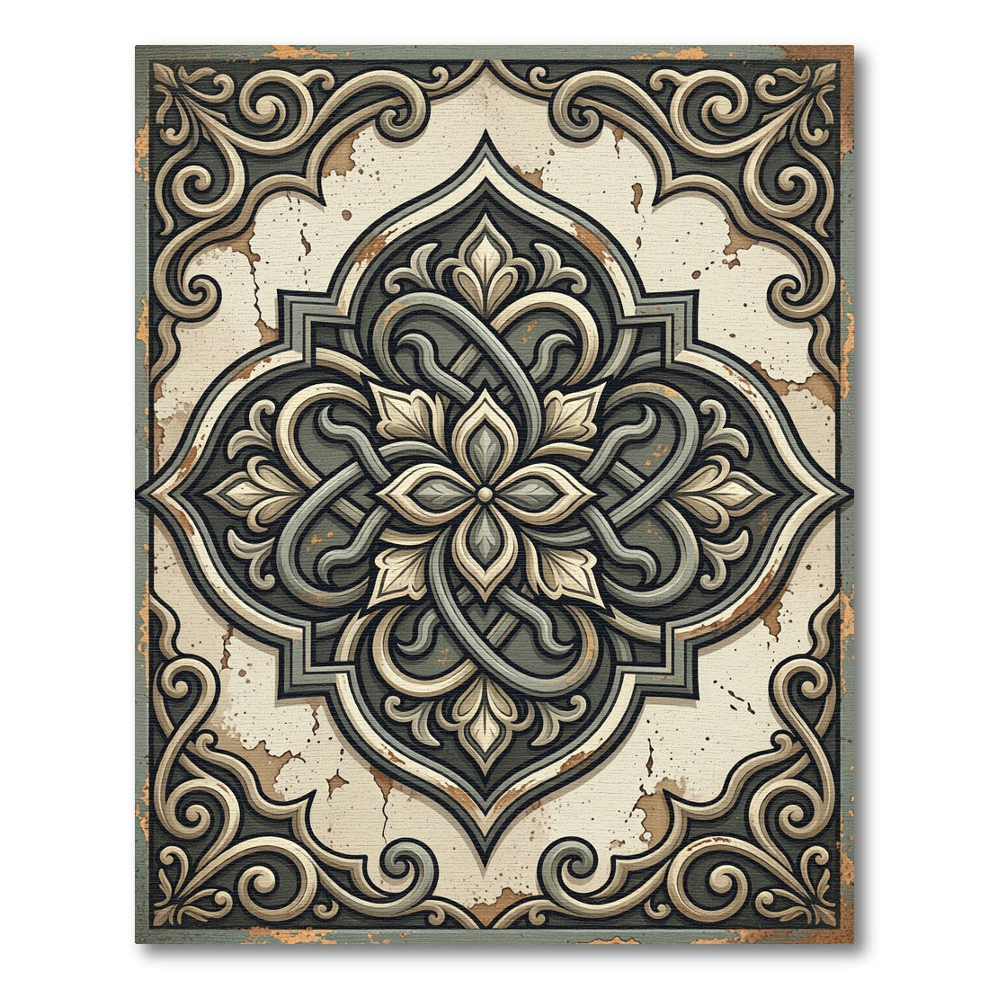 Distressed Sage Scroll Medallion Art Rug